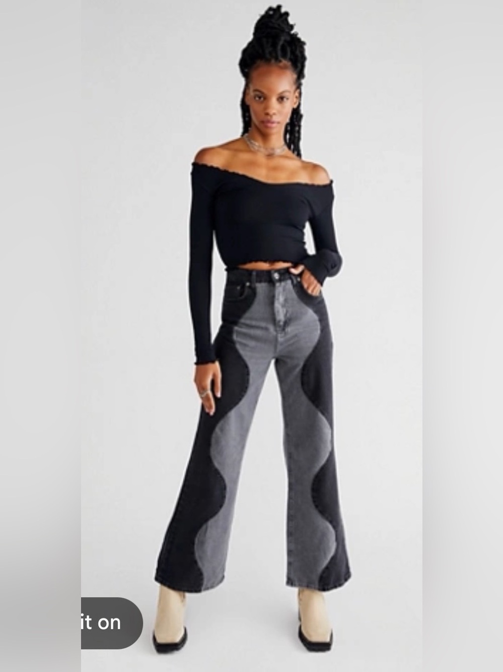 Ragged Priest High-Waist Two-Tone Wave Panel Jeans - Gray/Black
